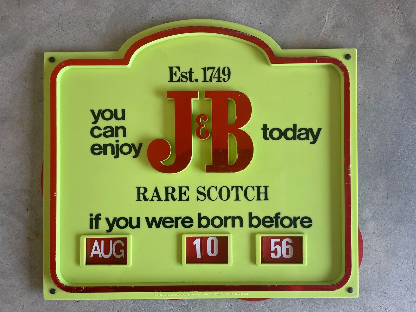 RARE Vintage J & B Scotch Whiskey Advertising Calendar Proof of Age Plastic Sign