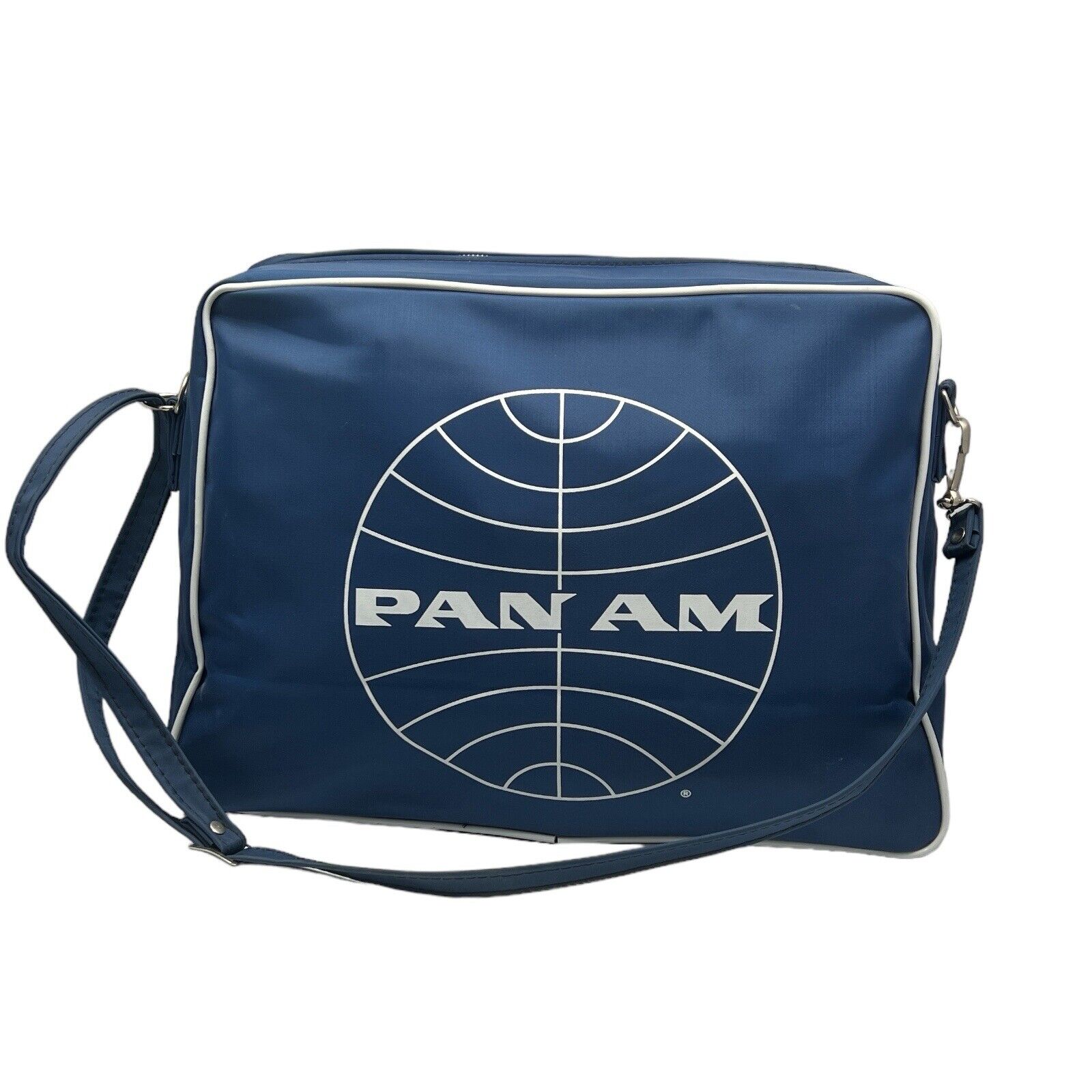 Vintage 70s Pan Am Vinyl Messenger Carry On Bag Flight Zip Strap Tote Blue