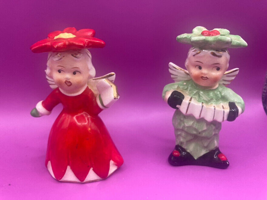 Rare Vintage Relco Holly Boy & Girl Angels Christmas Salt & Pepper Shakers