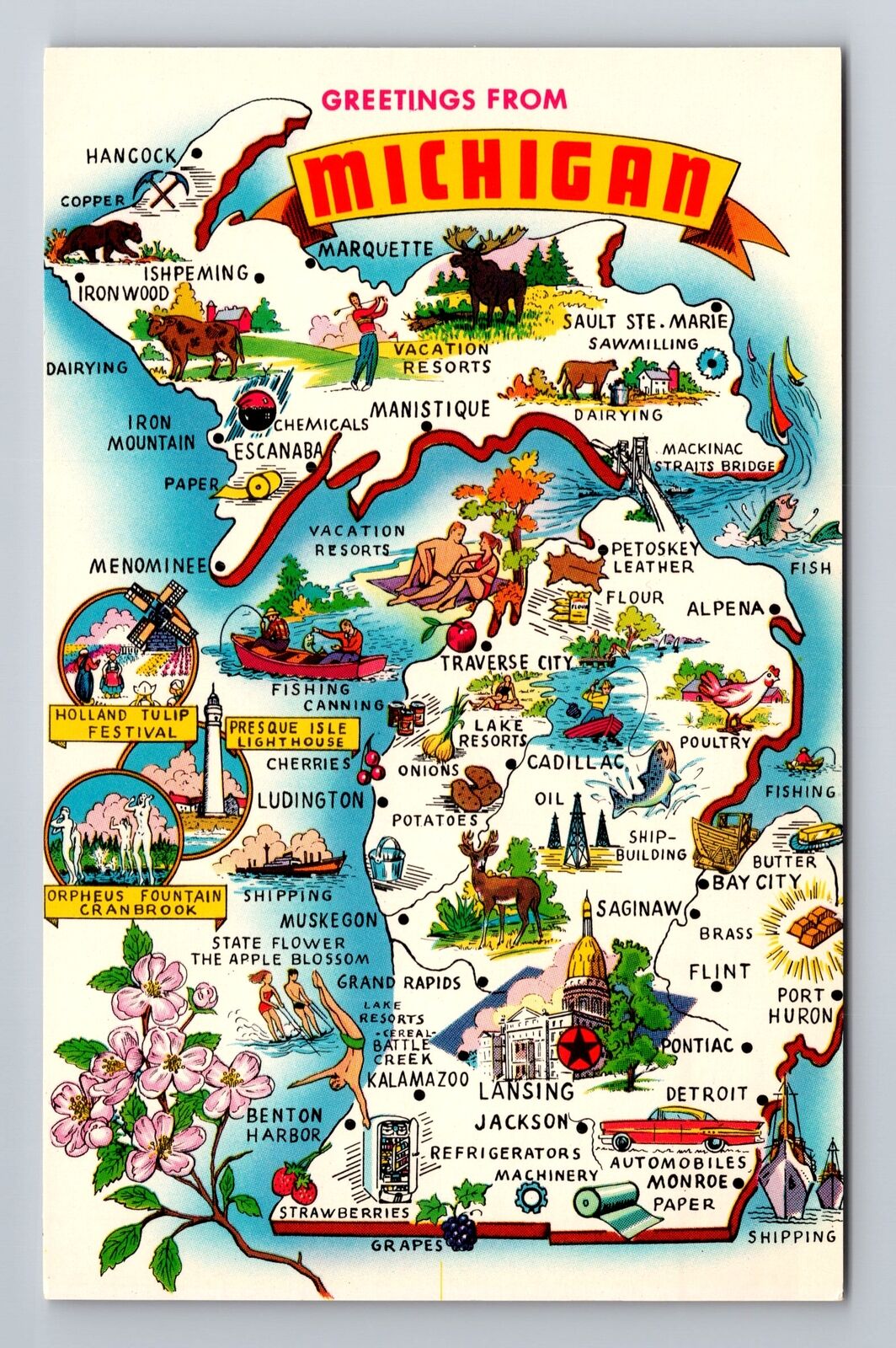 MI-Michigan, General Greetings, State Map, Tourist Sites, Vintage Postcard
