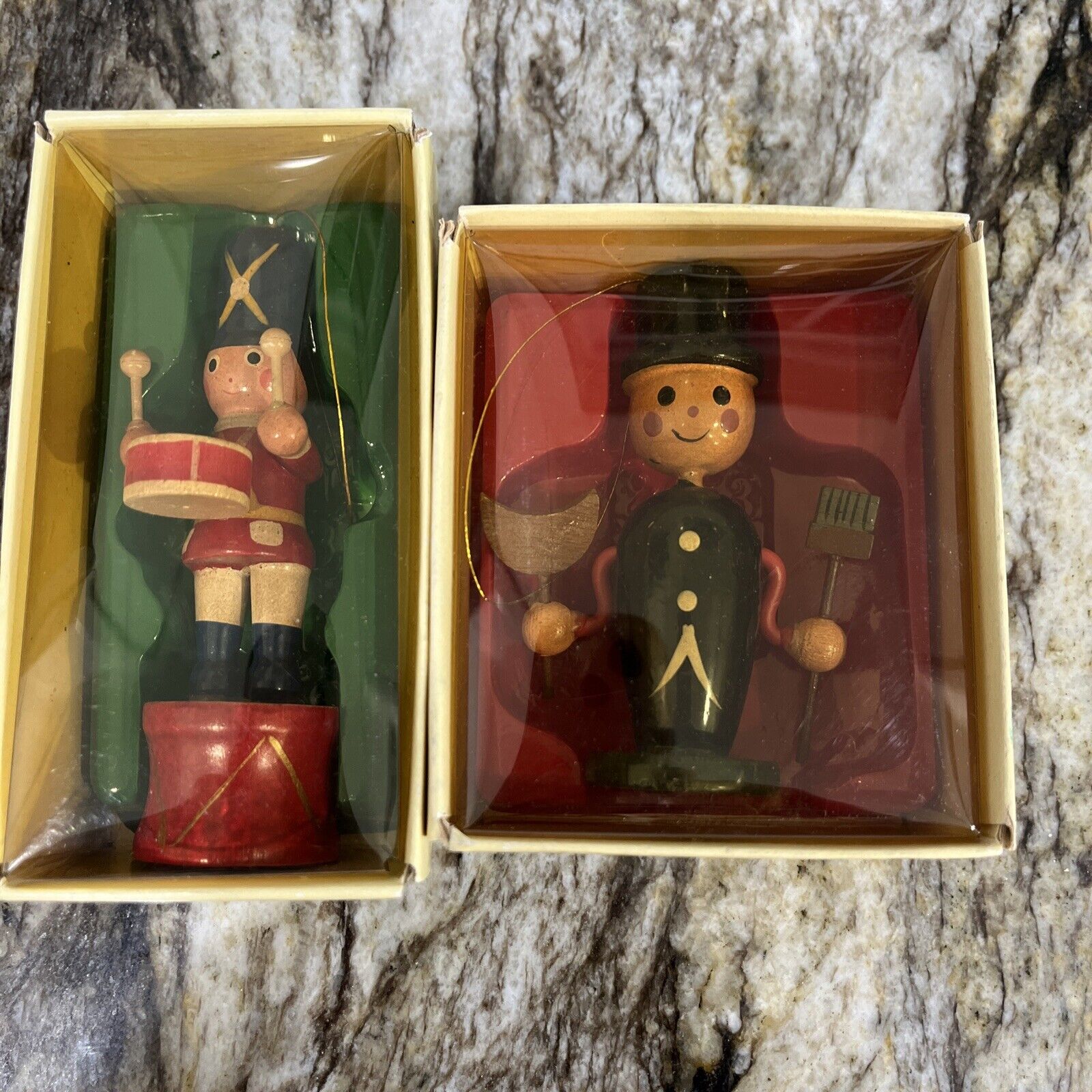 Vintage Wooden - Russ Country Antique Ornaments 2028 & 2053 NEW IN BOX Taiwan