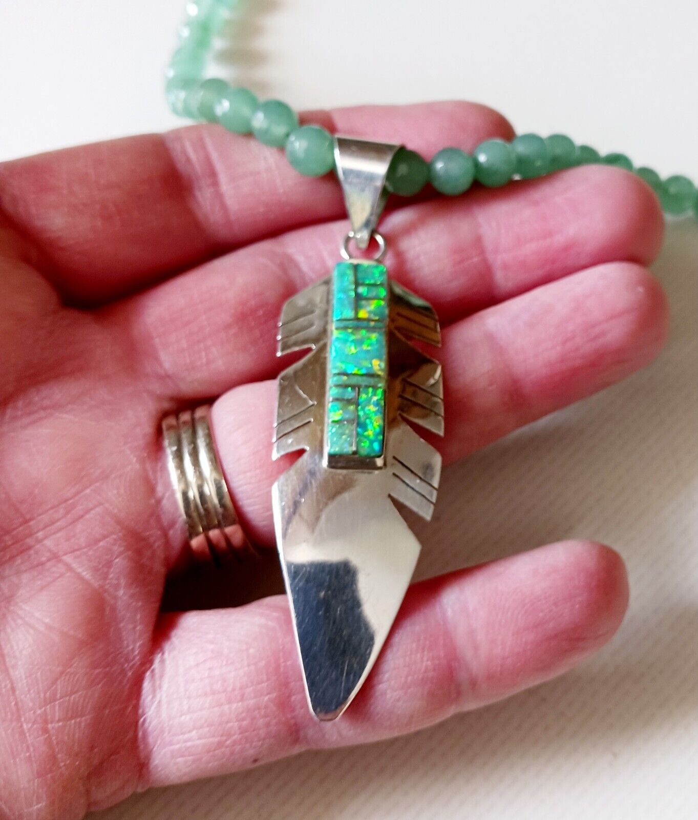 OOAK Tahe Navajo Sterling Silver Large Green Opal Inlay Feather Pendant Necklace