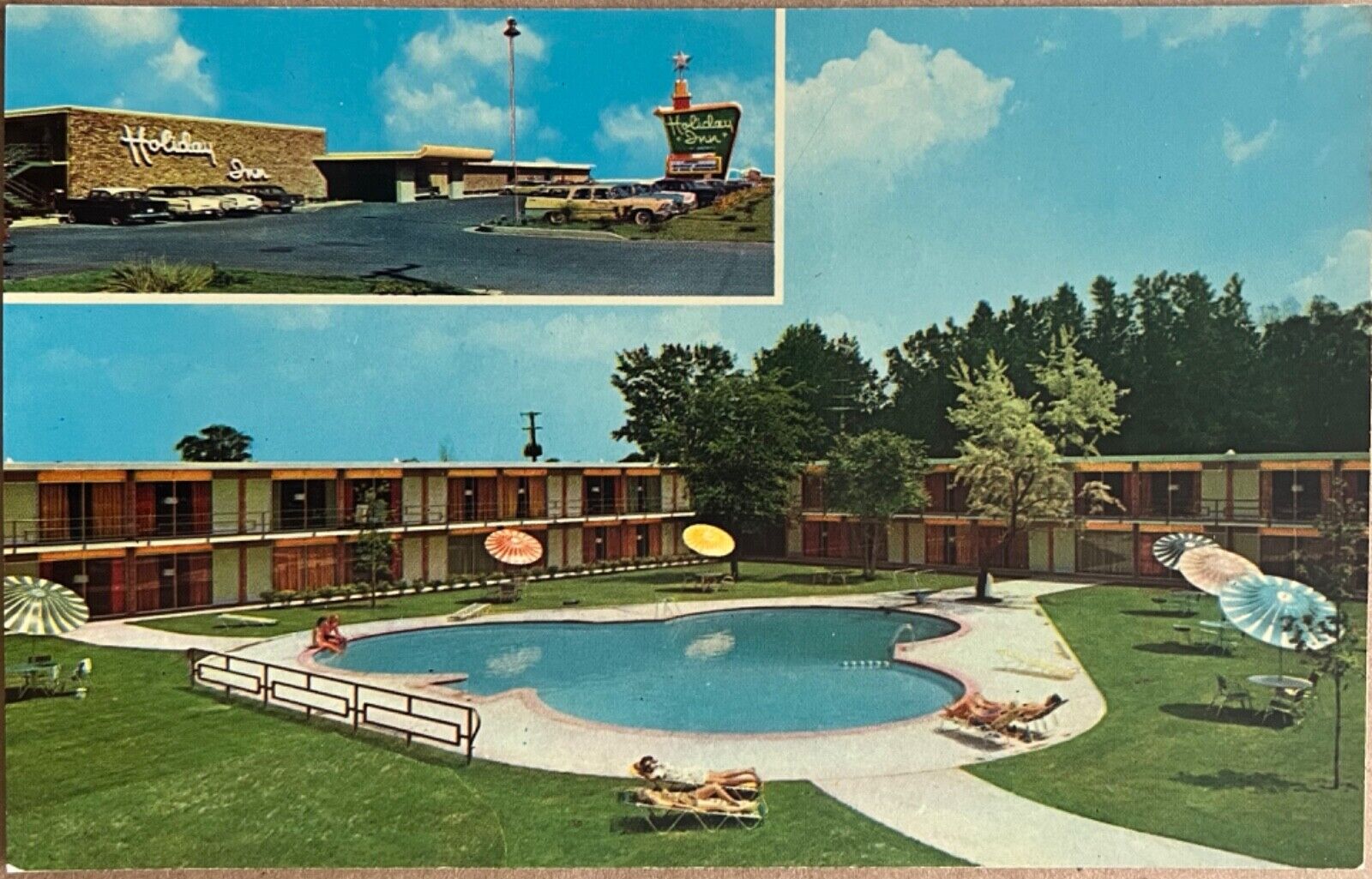 Ames Iowa Holiday Inn Motel Swimming Pool Sunbathers Postcard c1960