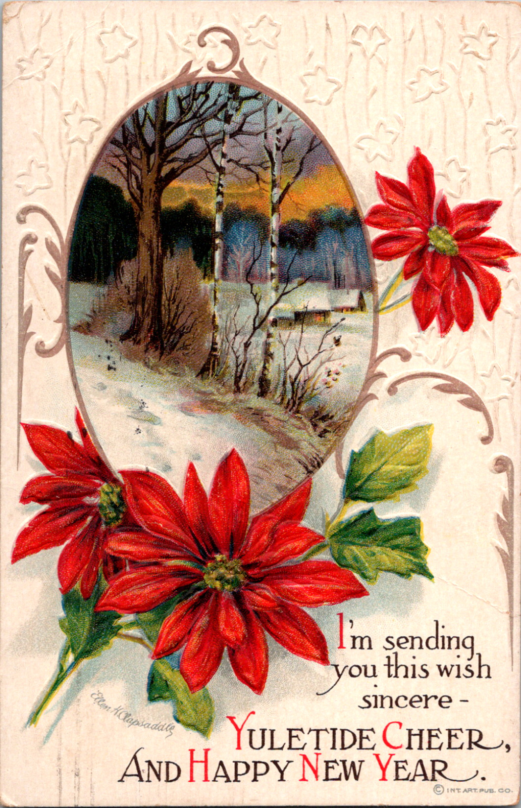Vintage 1916 Yuletide Cheer Happy New Year Red Poinsettia Country Home Postcard