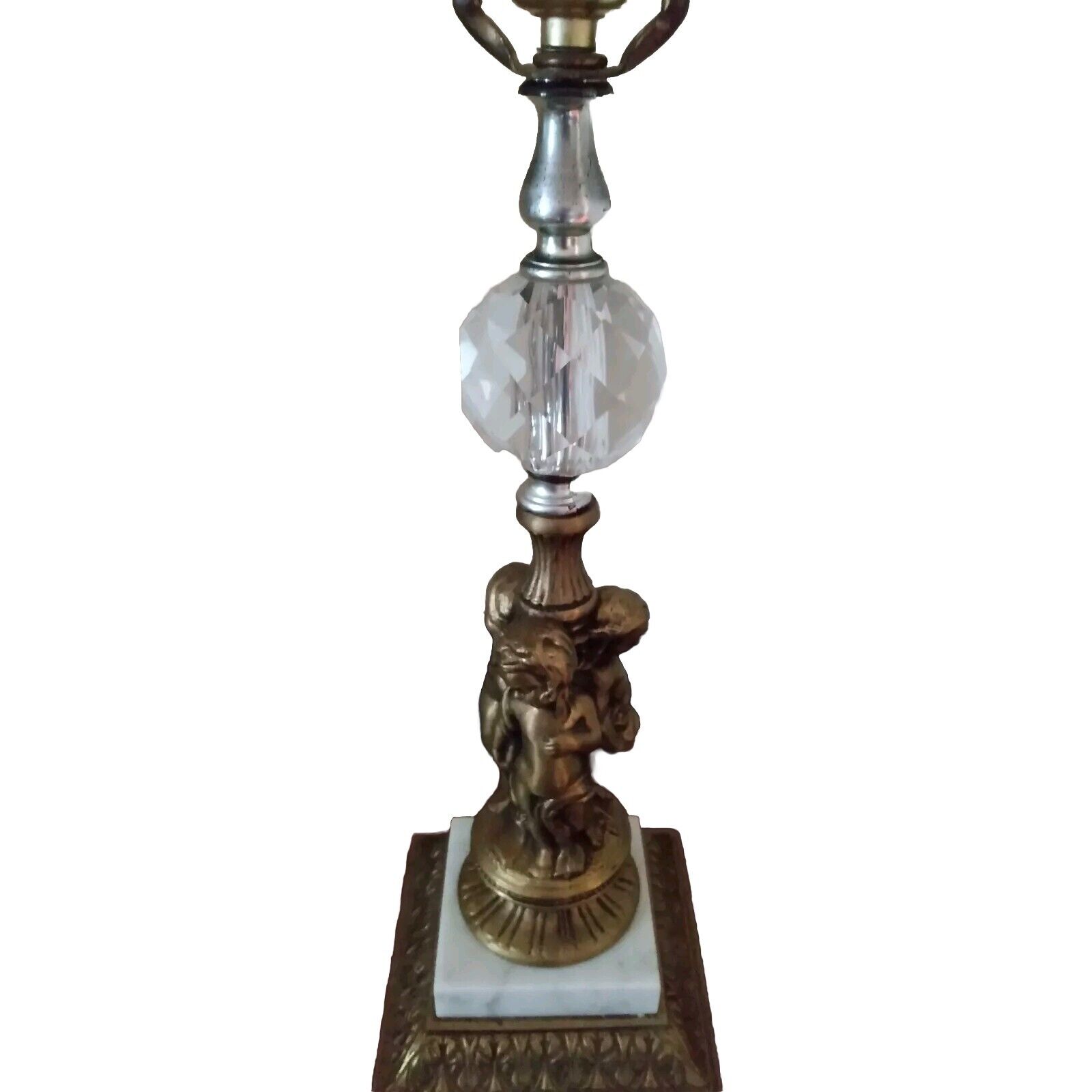 Vintage Retro Hollywood Regency MCM Table Lamp Brass Cherubs Crystal Marble 