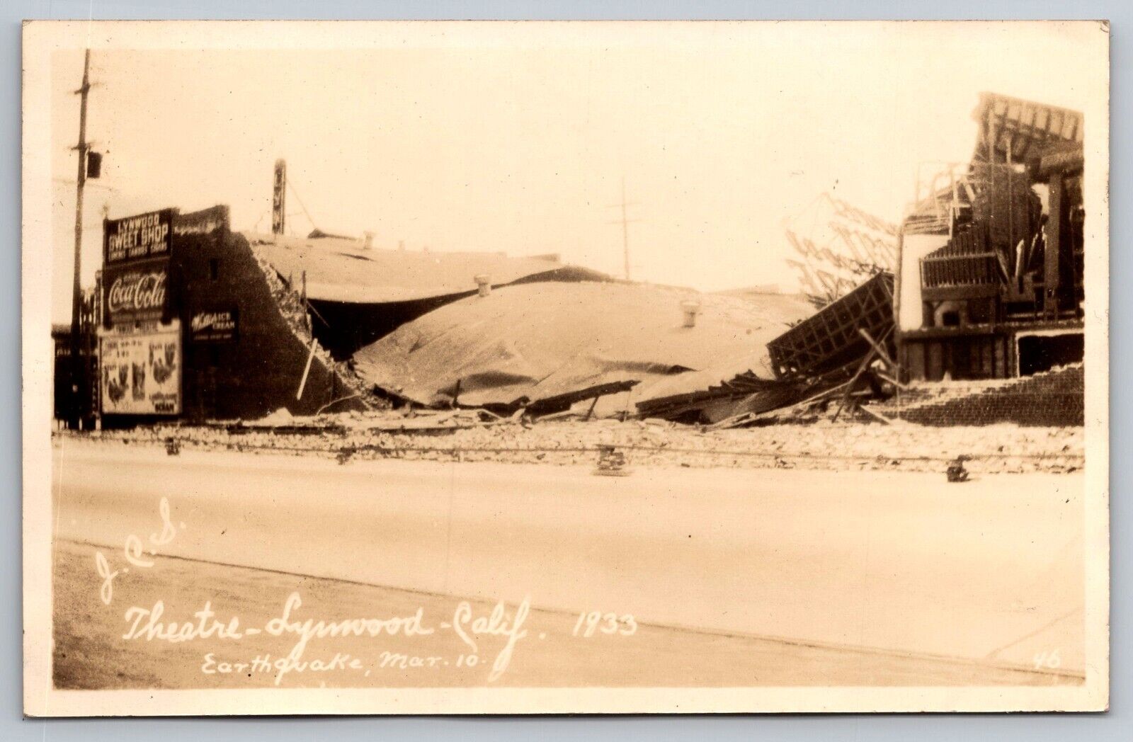 Lynnwood Theatre Sweet Shop Earthquake Ruins.California Real Photo Postcard RPPC