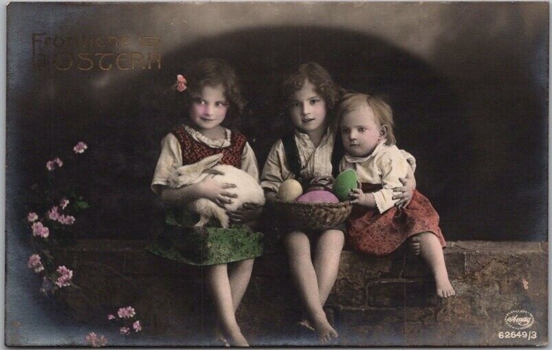 c1910s German HAPPY EASTER Postcard Kids with Colored Eggs & White Bunny / RPPC