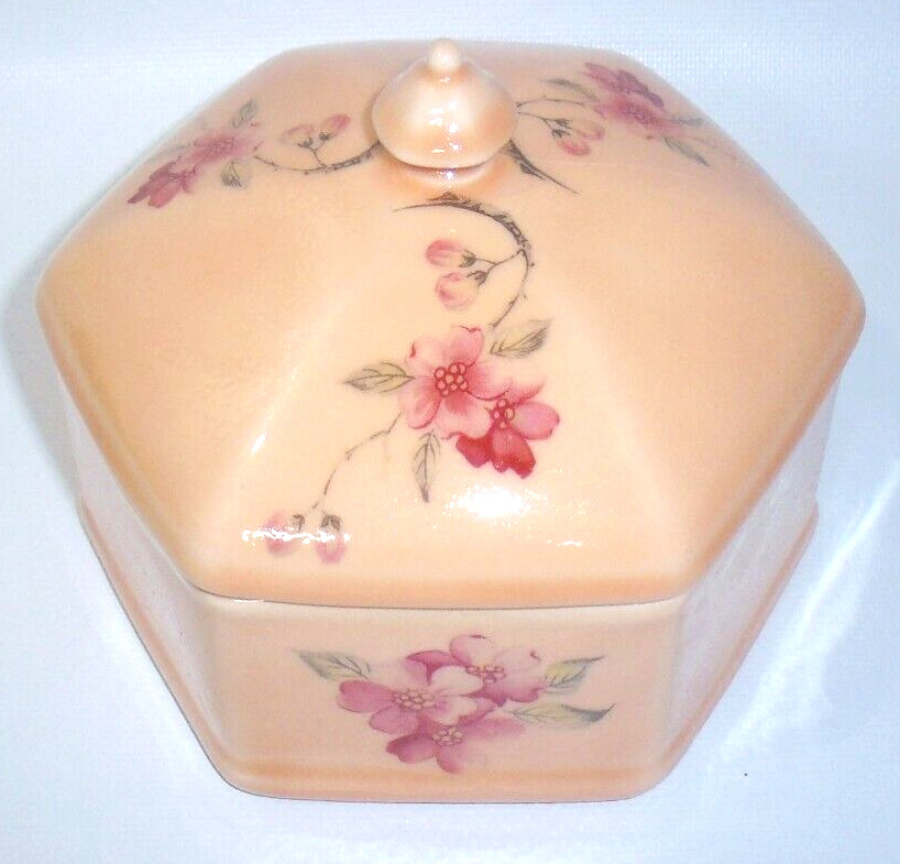 Vtg Porcelain Floral Covered Vanity Trinket Treasure Box Peach Pink Burgundy