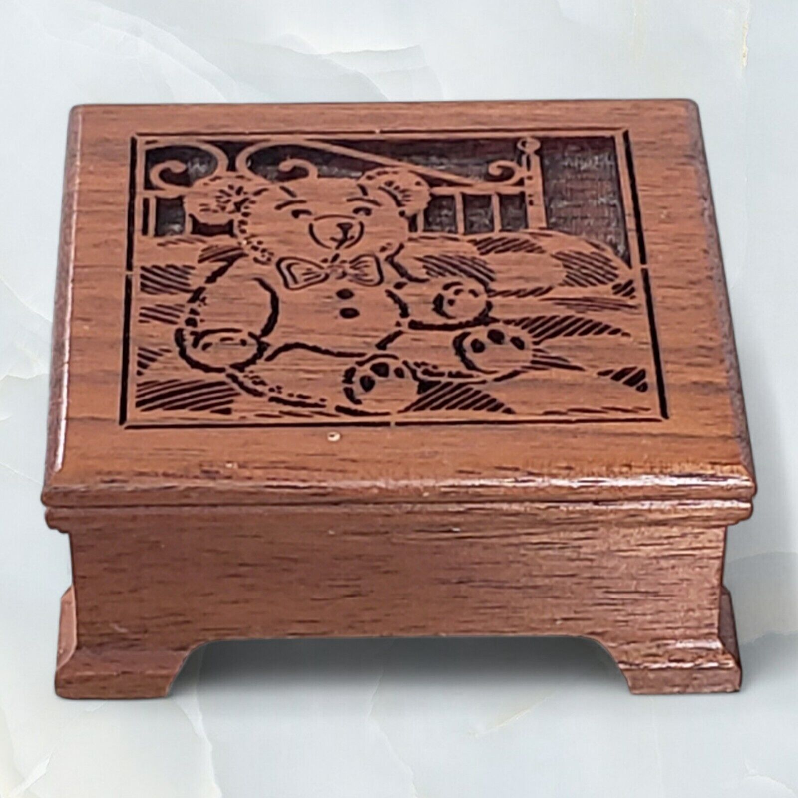 Vintage Small Lasercraft Sankyo Teddy Bear Wood Music Box It\'s a Small World