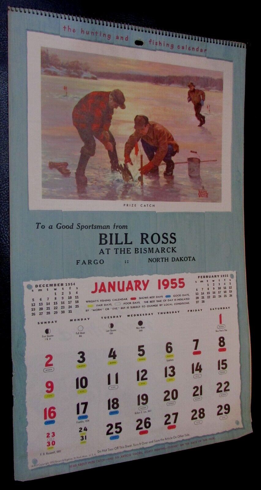 Vintage 1955 Hunting Fishing Color Wall Calendar Bill Ross Bismarck Fargo ND