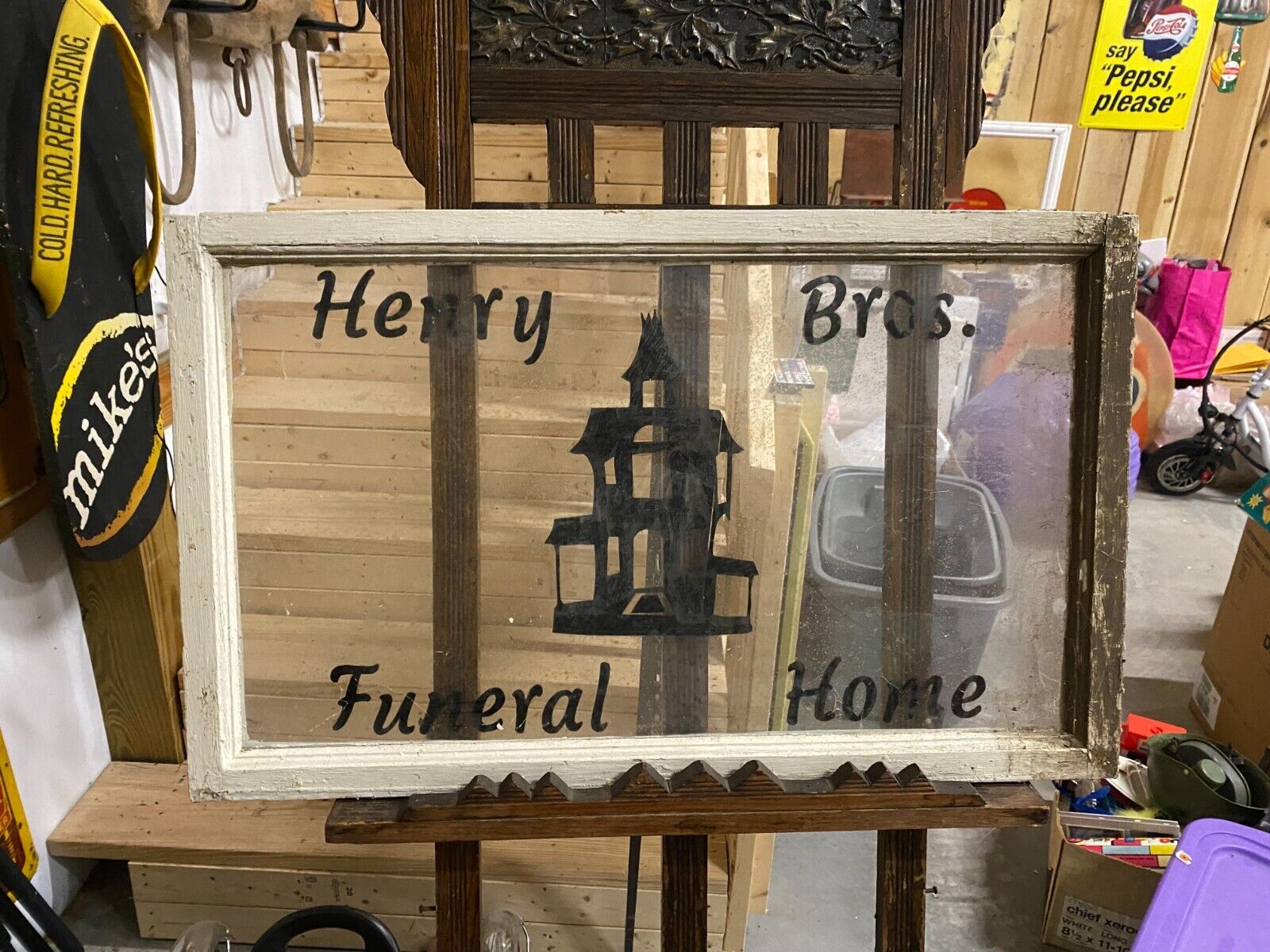 Vintage Henry Bros Funeral Home Glass Window 30\