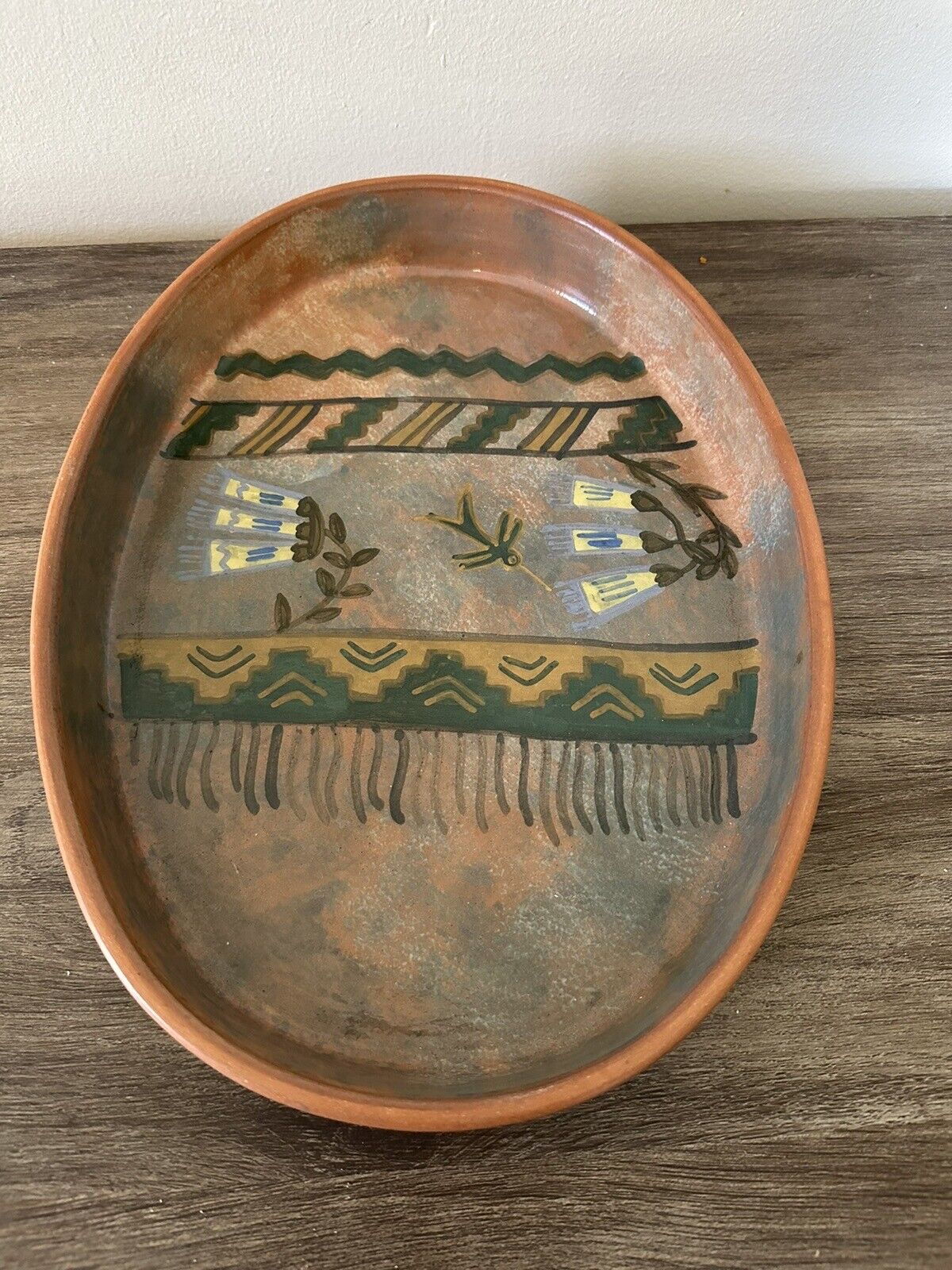 Hand Painted Peruvian Oval Pottery Tray. 13”L