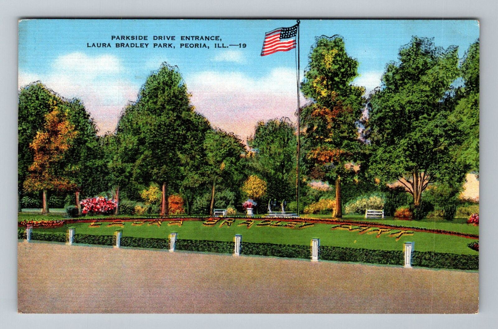 Peoria IL-Illinois Parkside Drive Entrance Laura Bradley Park Vintage Postcard