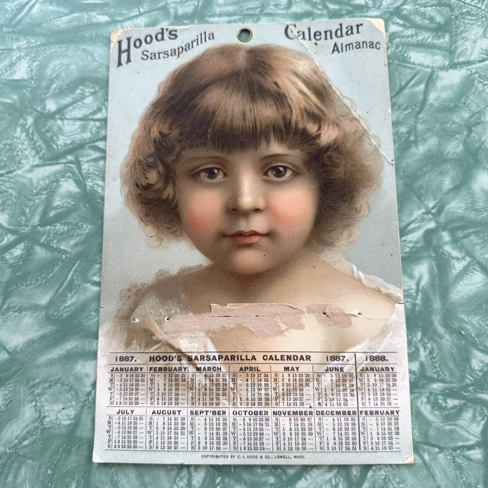 Antique 1887 Hood's Sarsaparilla Young Girl Victorian Calendar Vintage Ad