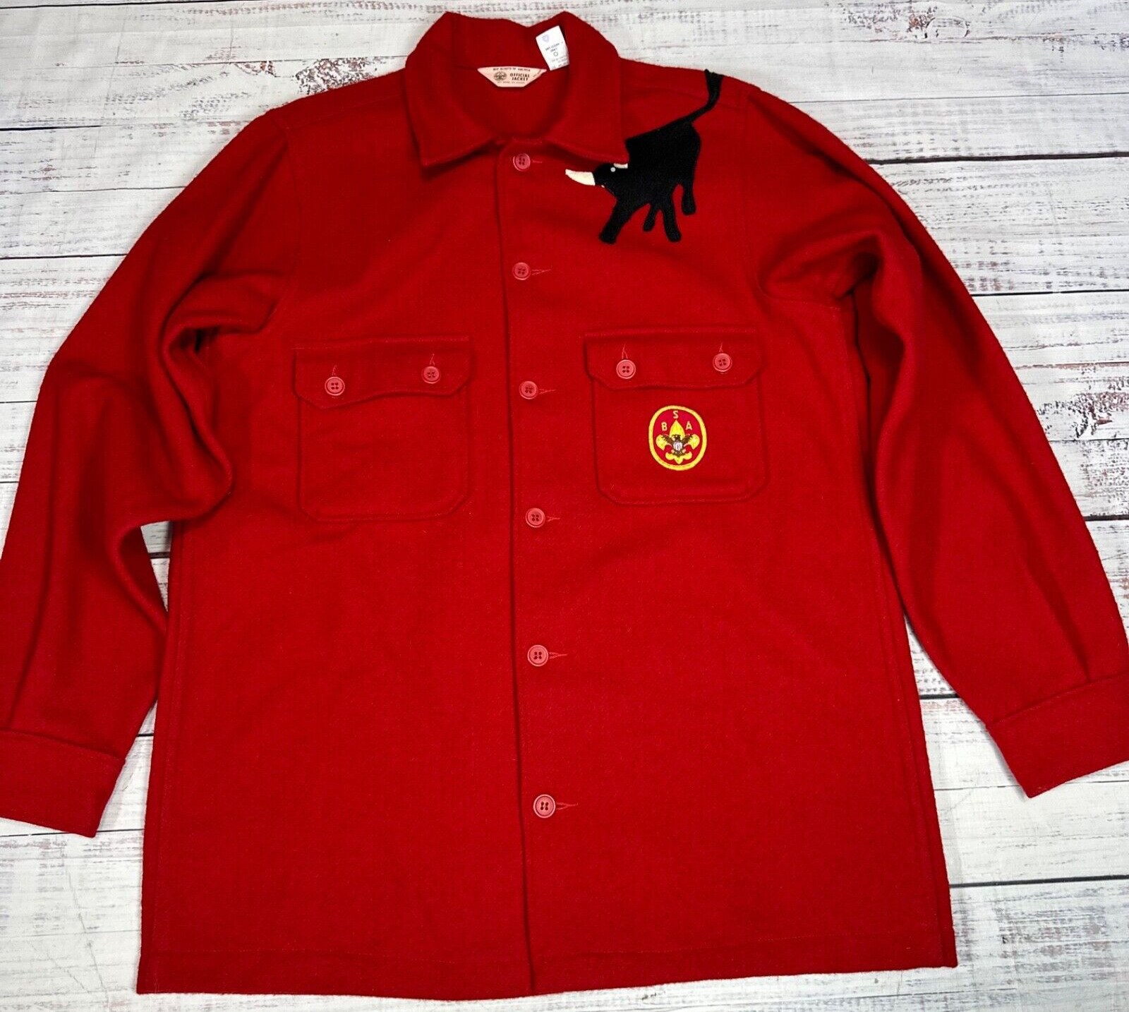 Vtg Boy Scouts Of America Mens Shirt Jacket Size 44 Long Red Wool Blend Patch
