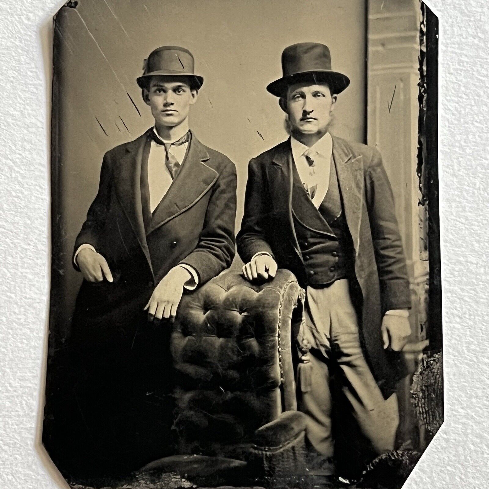 Antique Tintype Photograph Handsome Young Fashionable Men Interesting Pair