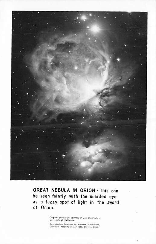 Postcard Astronomy: RPPC Great Nebula in Orion, from Lick Observatory