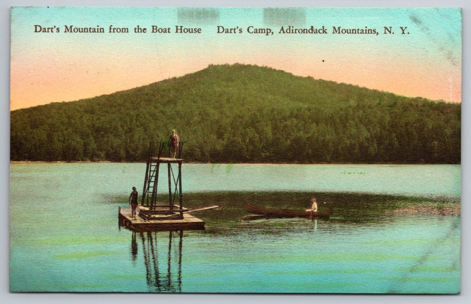 Dart's Mountain From Boat House. Adirondack Mountains, Eagle Bay NY Postcard