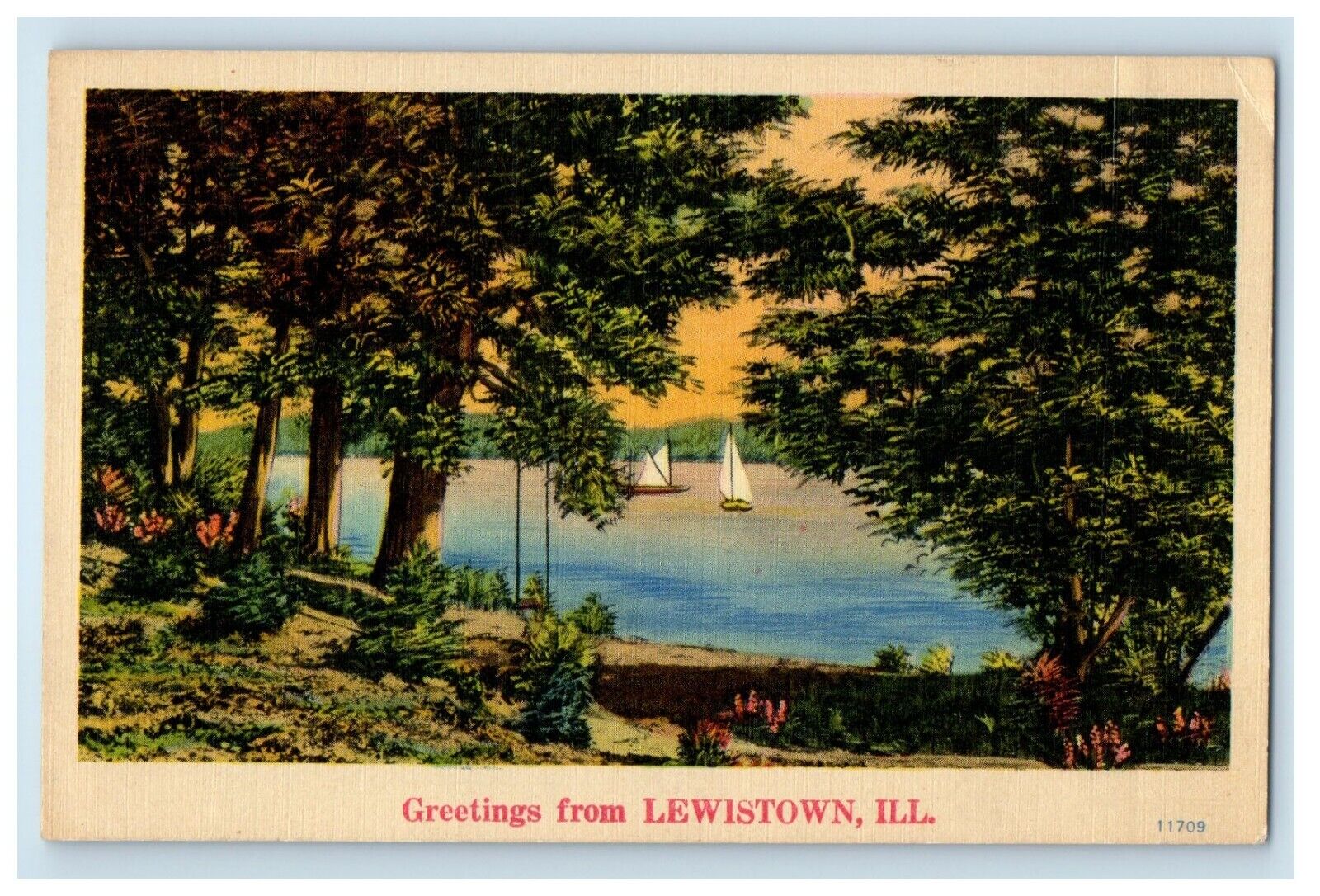 1944 Greetings From Lewistown Illinois IL, Lake Boat View Vintage Postcard