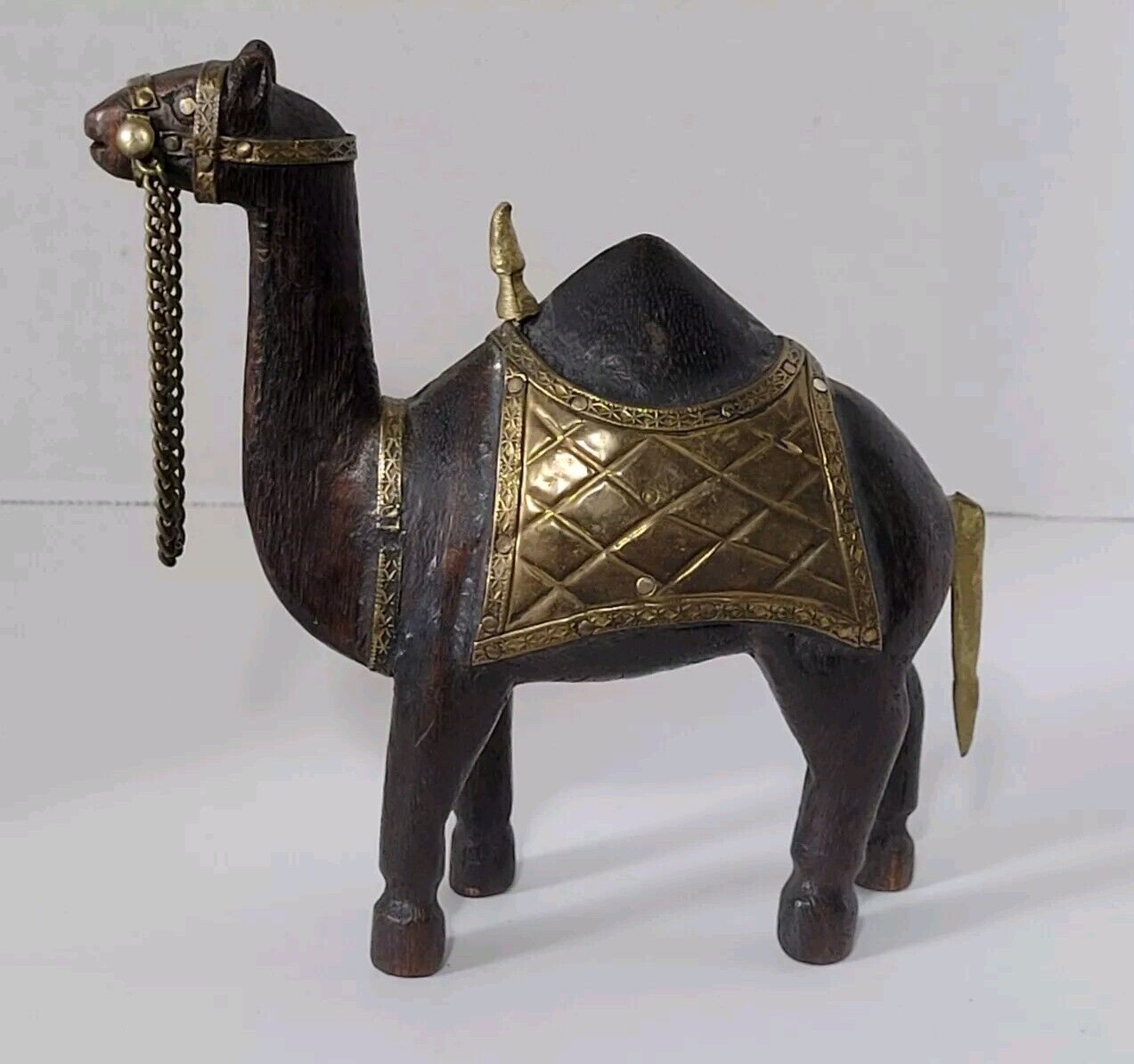 Vintage Wood Camel Hand Carved Statue Brass Copper Inlay India Decor Figurine 