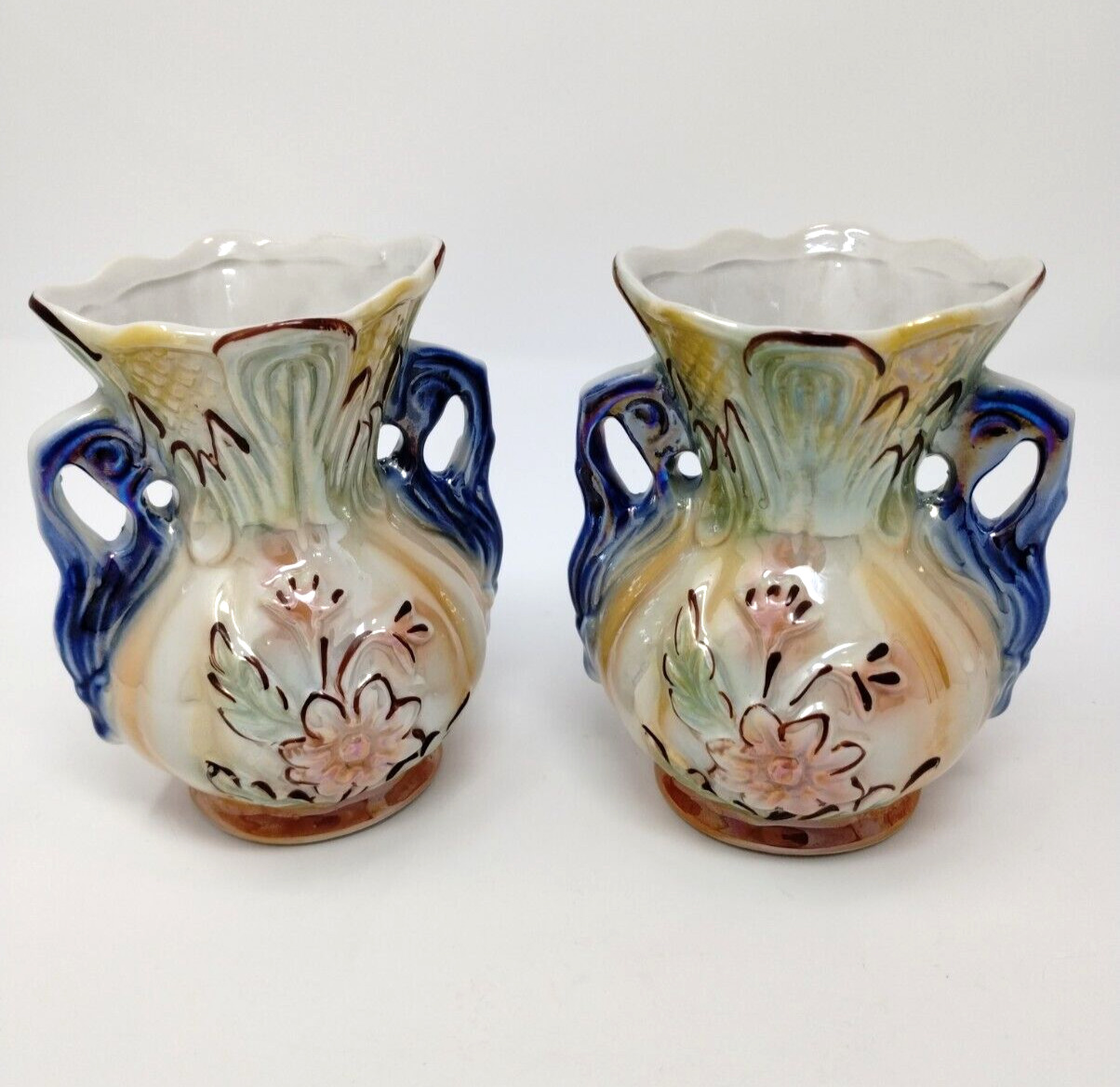 Vintage Pair MCM Vase Lusterware Brasil Brazil Stamped 422 Majolica Hand Painted