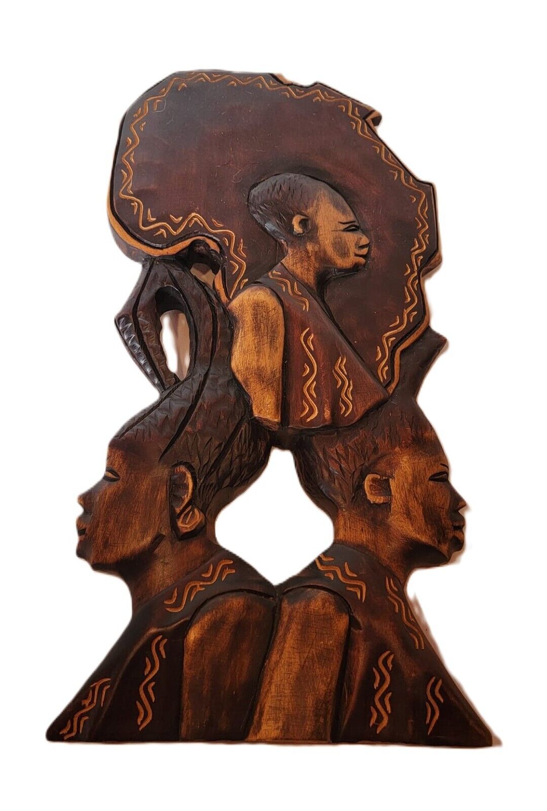 Vintage African Family Tribal Hand Stained Carved Relief Raised Wood Carving 16