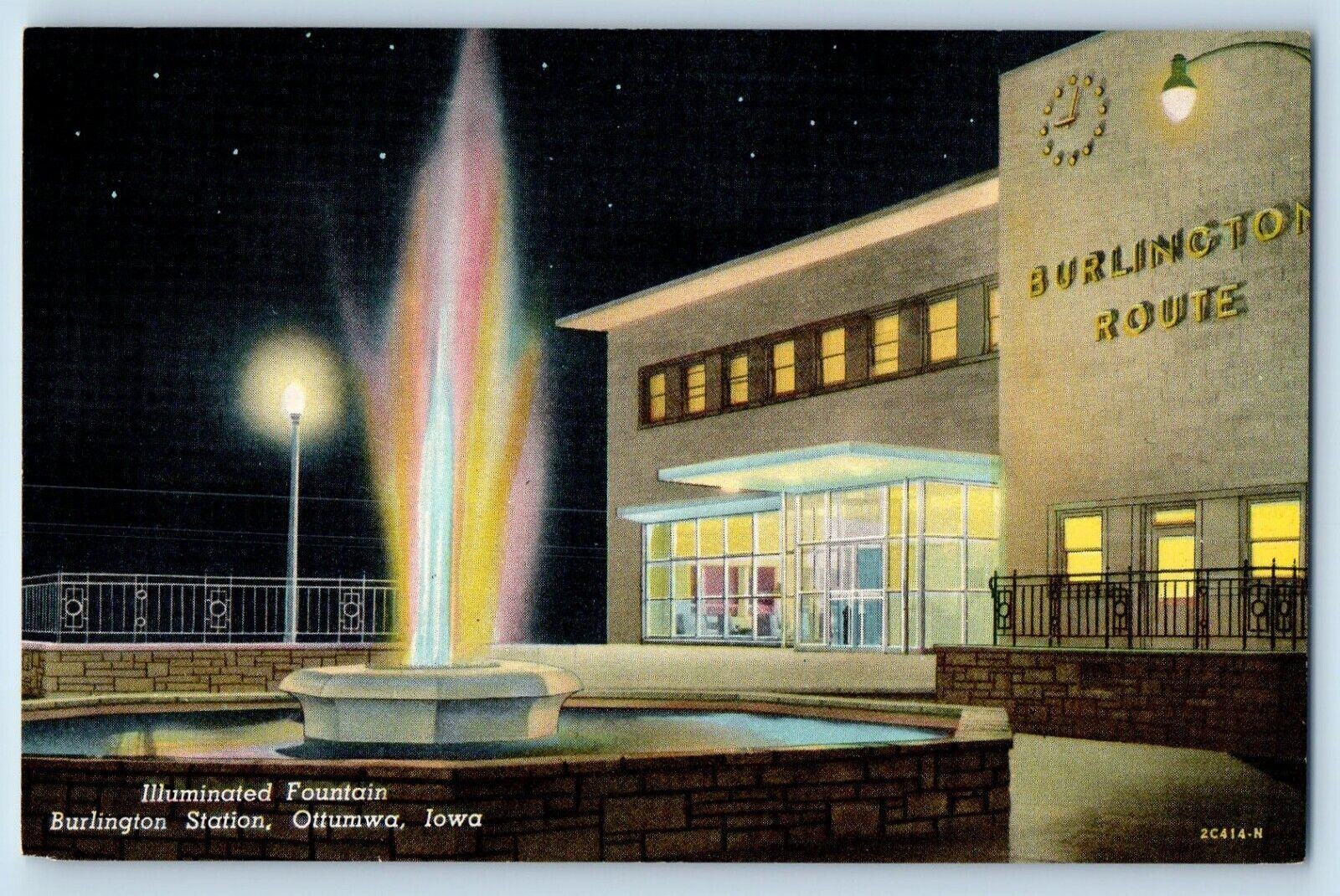 Ottumwa Iowa IA Postcard Illuminated Fountain Burlington Station c1940 Vintage
