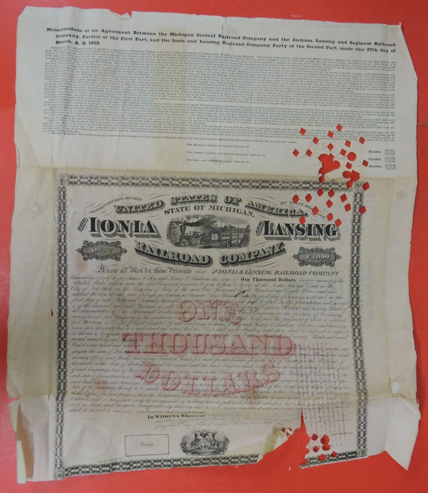 1869 IONIA AND LANSING RAILROAD COMPANY FIRST MORTGAGE BOND