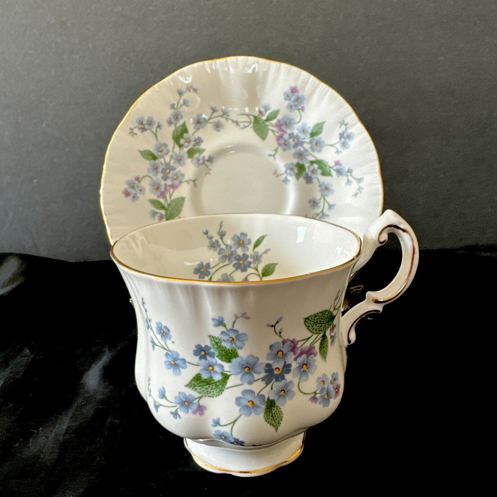 Paragon Tea Cup and Saucer Set Forget Me Not White Purple Gold Gilt Vintage
