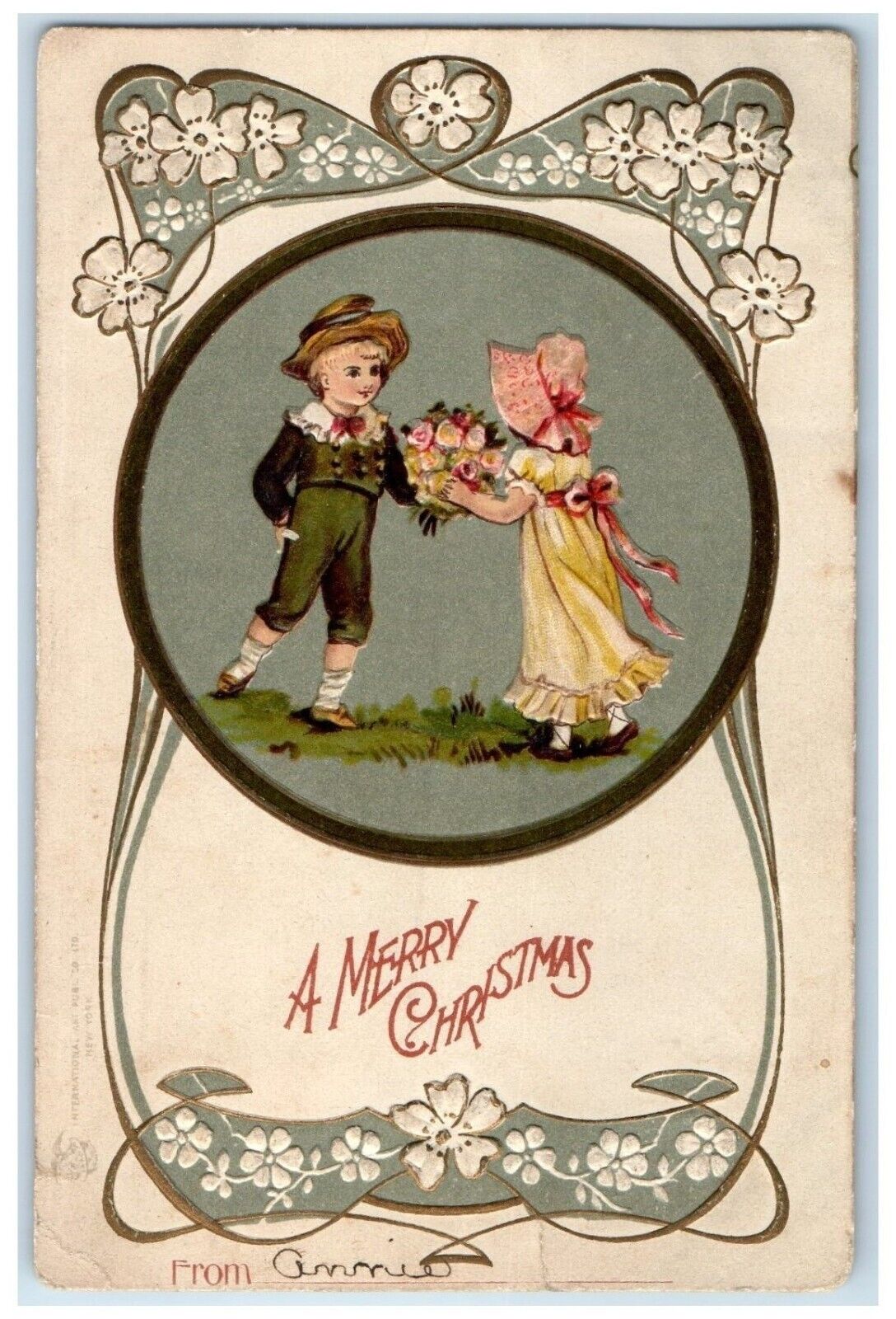 1904 Merry Christmas Little Sweetheart Flowers Embossed Chicago IL Postcard