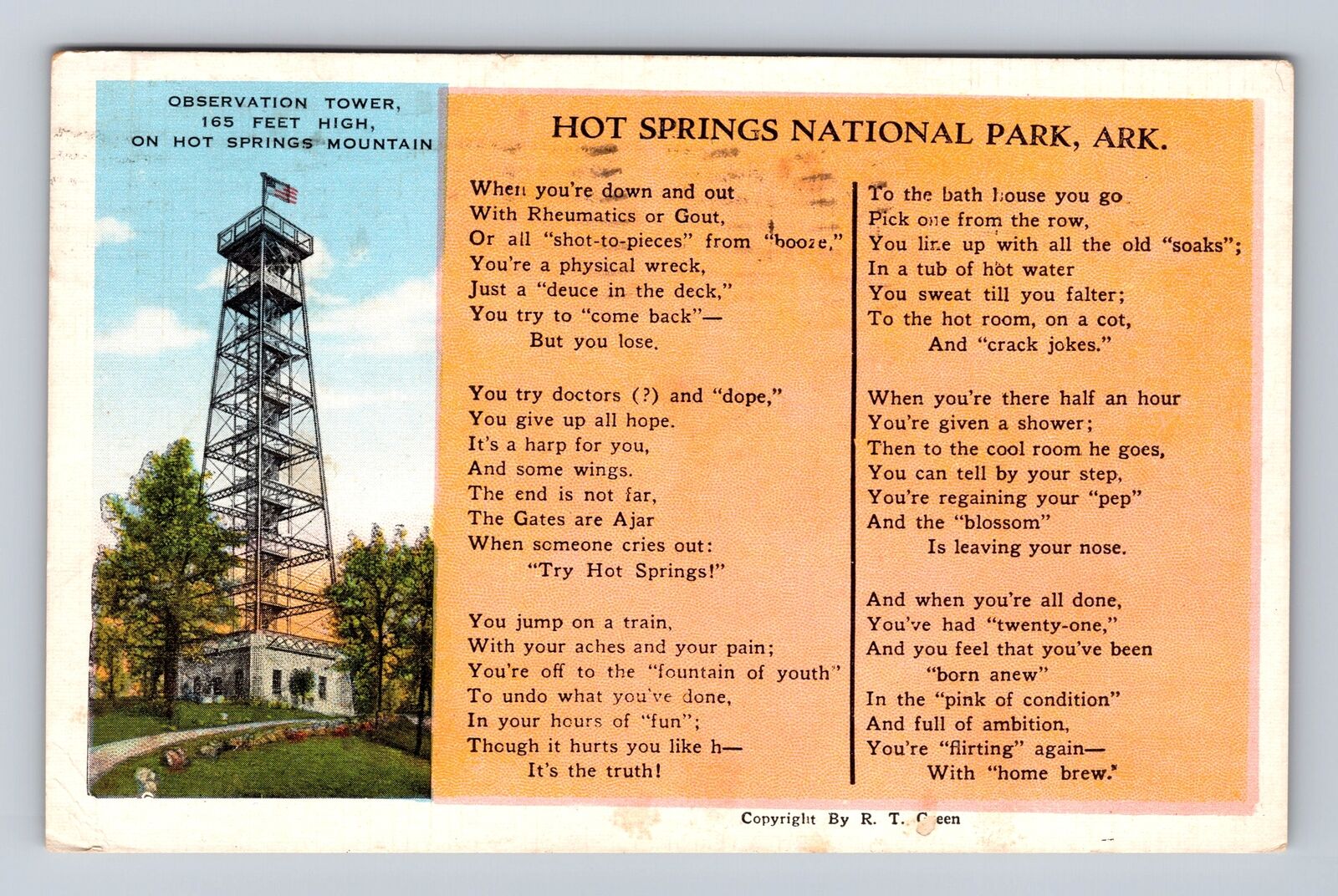 Hot Springs National Park, Observation Tower, Antique, Vintage c1946 Postcard