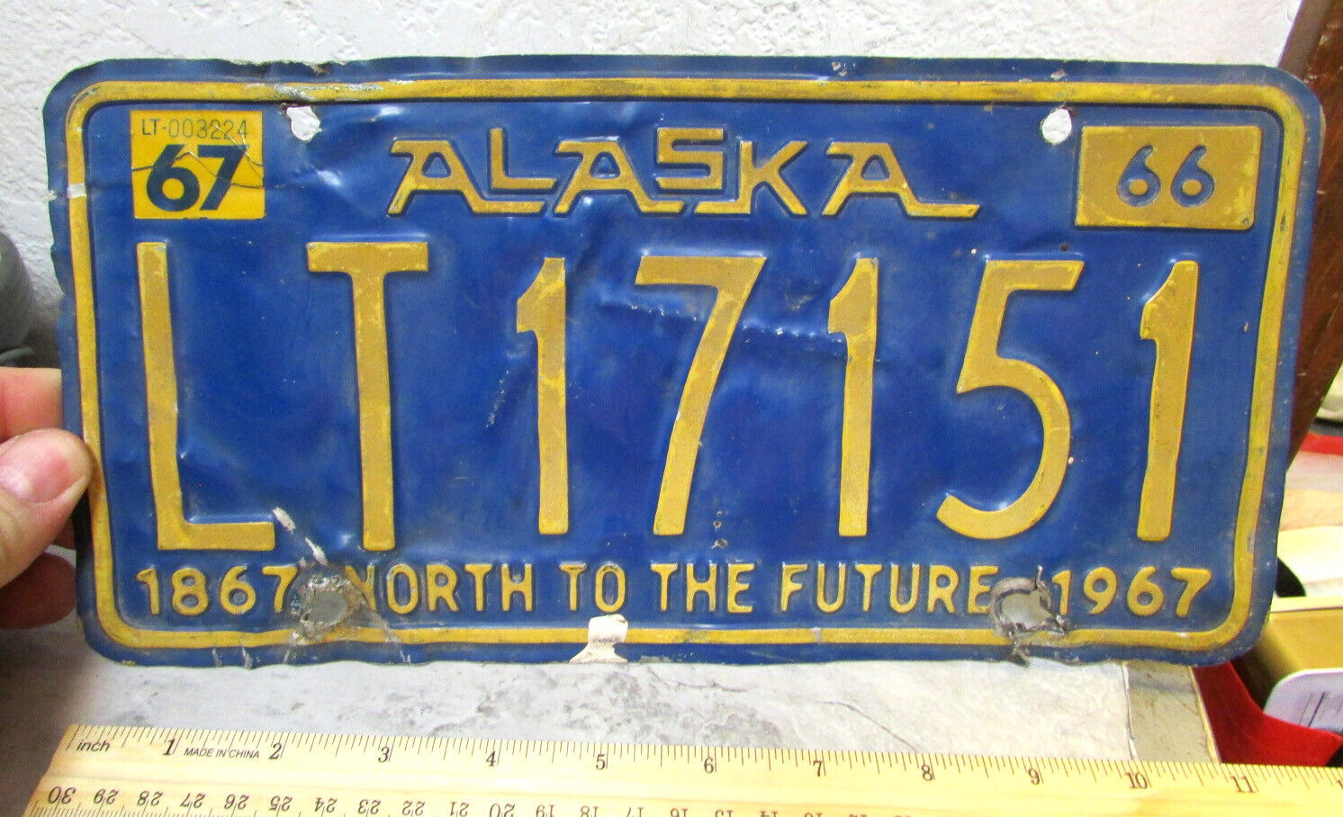 vintage 1966-67 Alaska Purchase Centennial license Plate LT17151, 1967 exp rough
