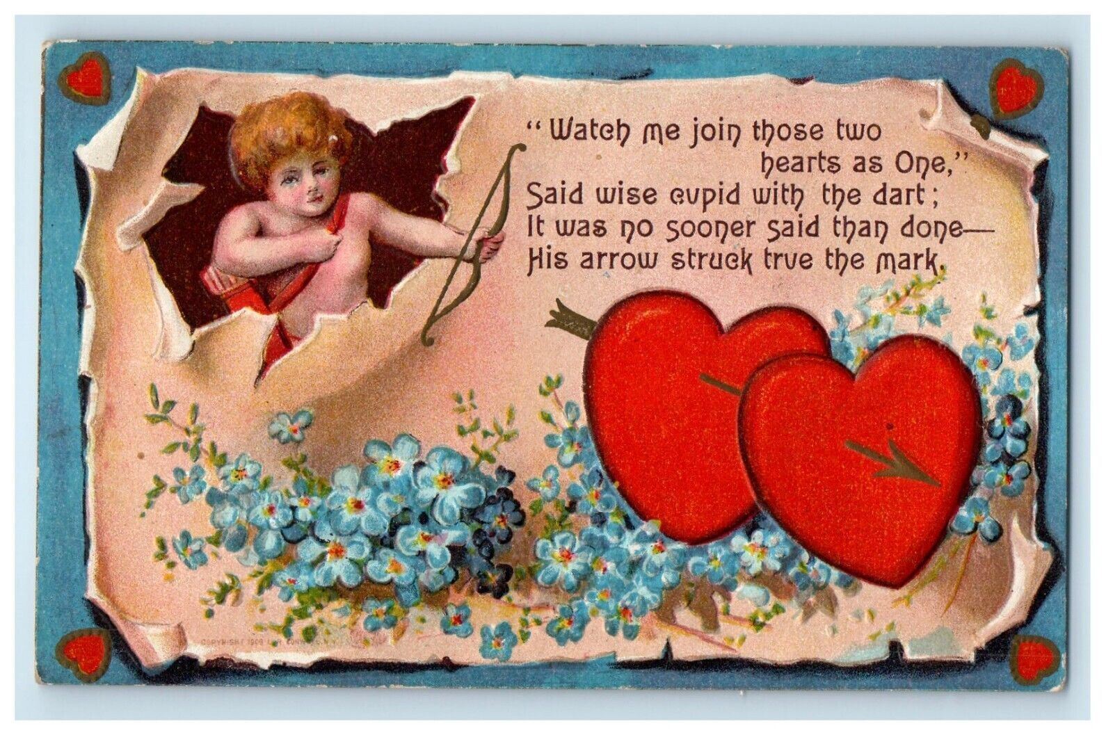 c1910\'s Valentine Cupid Angel Bow And Arrow Hearts Pansies Flowers Postcard