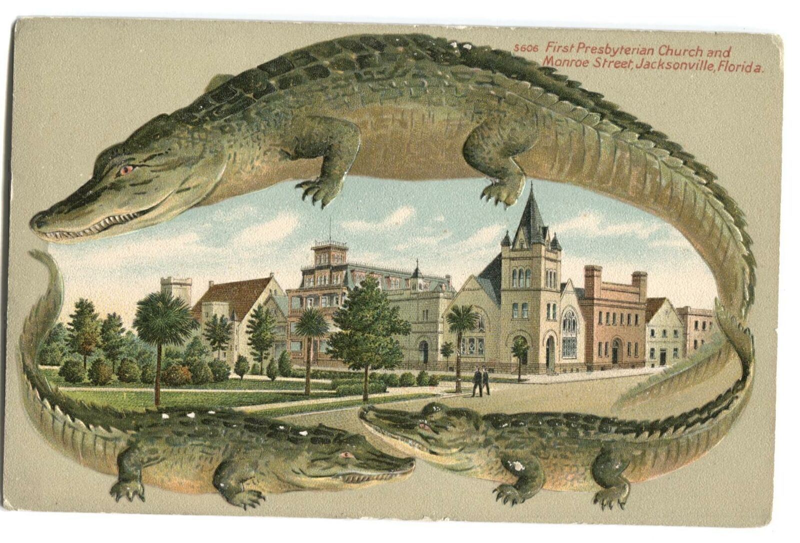 Postcard Alligator Border First Presbyterian Church + Monroe St Jacksonville FL 