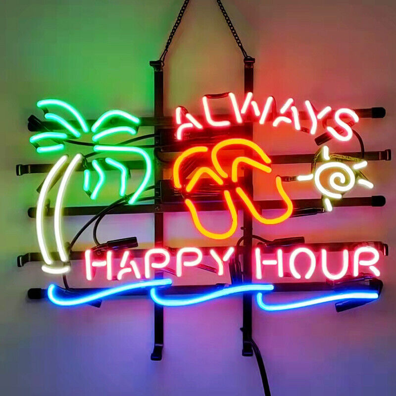 Always Happy Hour Neon Sign Real Glass Home Beer Bar Wall Decor 24x20
