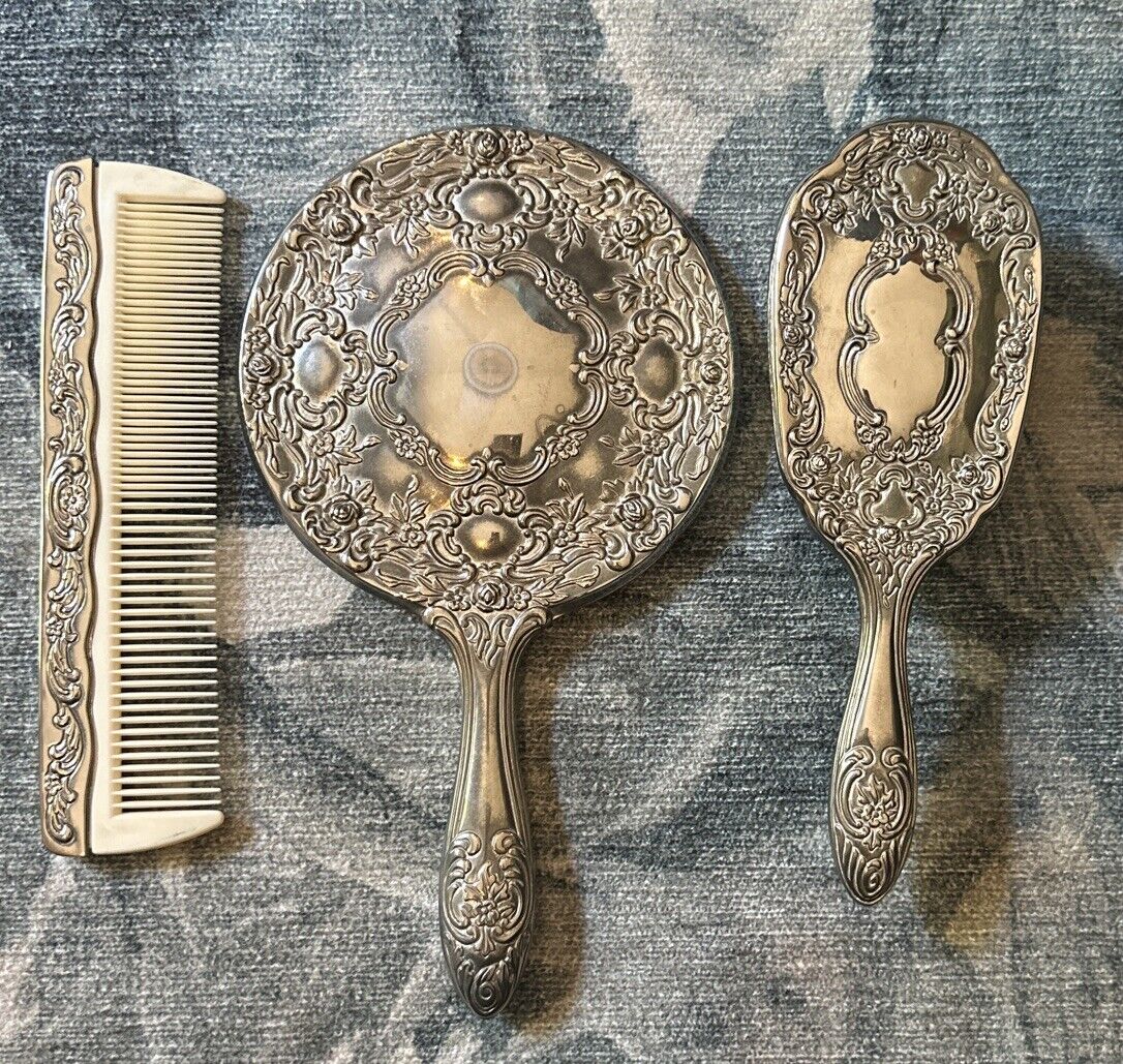 3-Piece Vintage Vanity Hair Brush Comb & Mirror Set Silver Plate Heavy