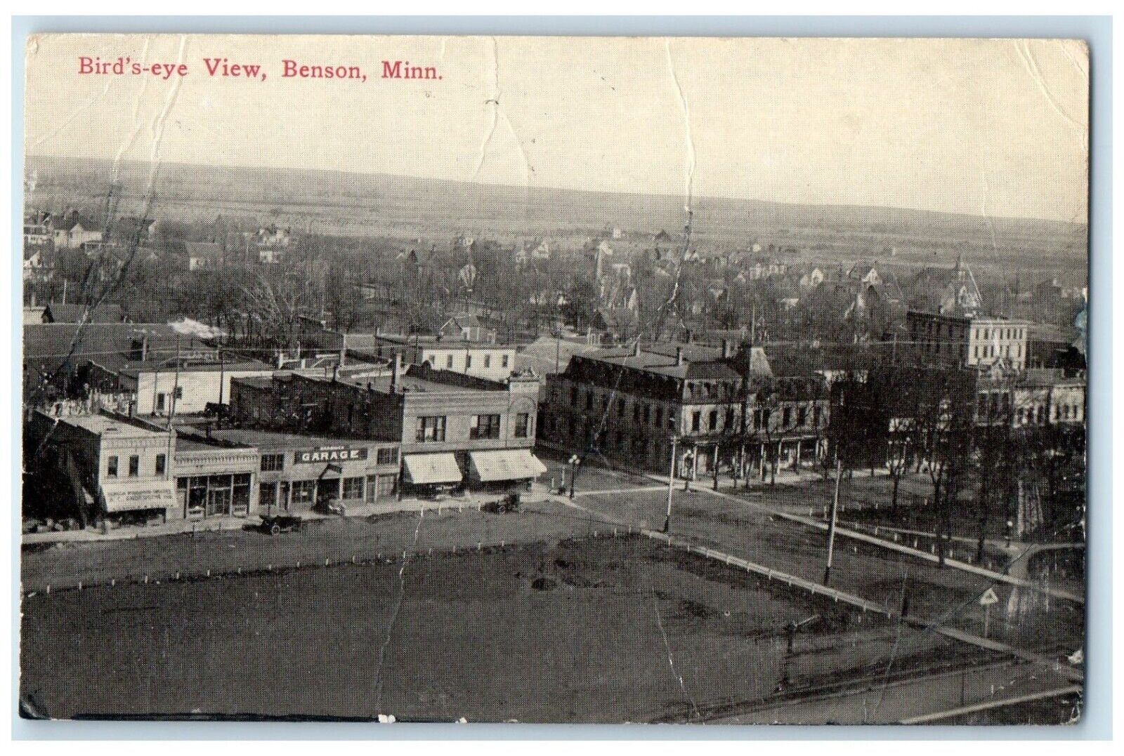 c1910's Bird's Eye View Garage Scene Benson Minnesota MN Antique Postcard