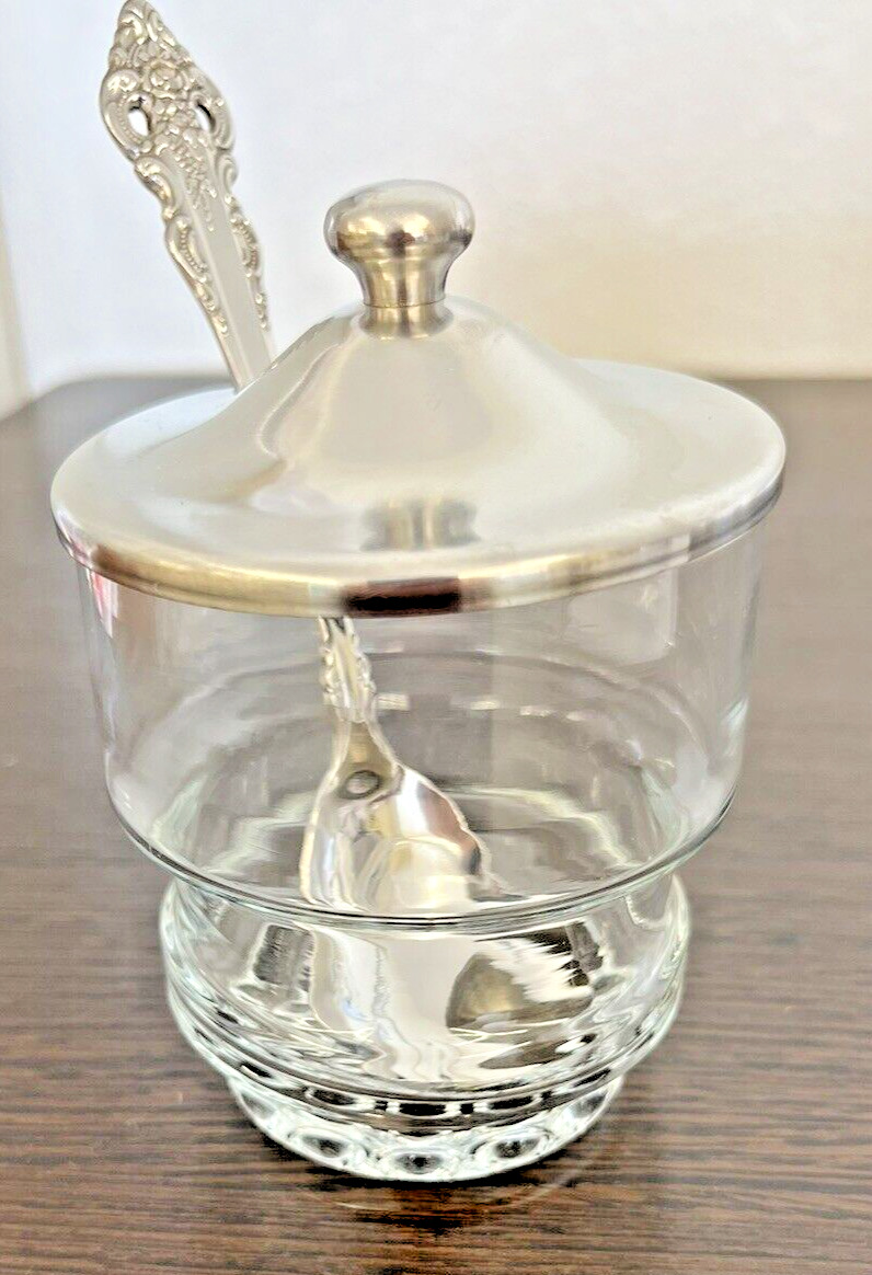 VTG. MCM ONEIDA GLASS JAM JELLY CONDIMENT JAR WITH STAINLESS LID AND SPOON