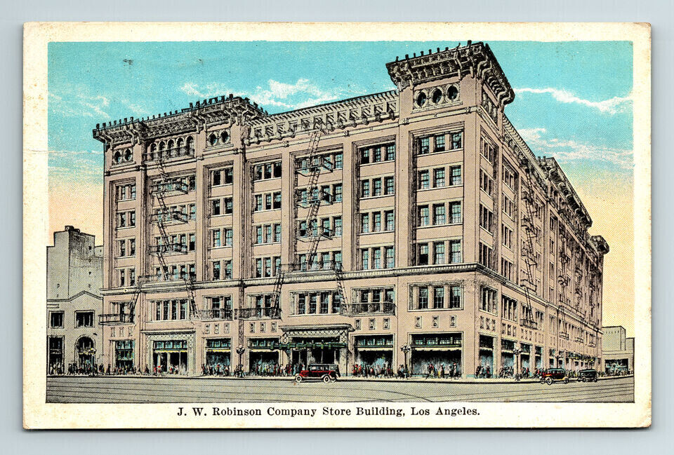 c1924 WB Postcard Los Angeles CA J. W. Robinson Co Store Building Cars