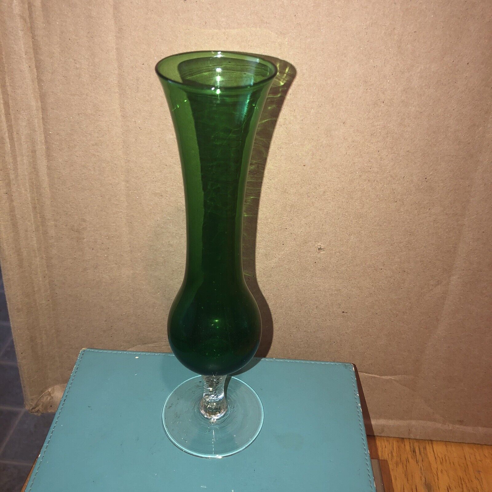 Vintage Green Glass With Clear Base Bud Vase ￼