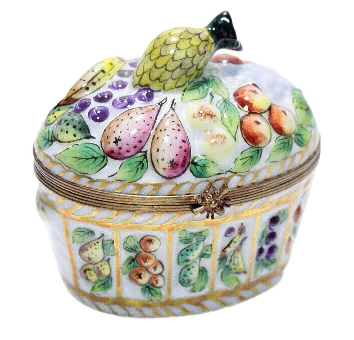LIMOGES France Antique Fruit Basket Porcelain Trinket Box Signed ASPREY