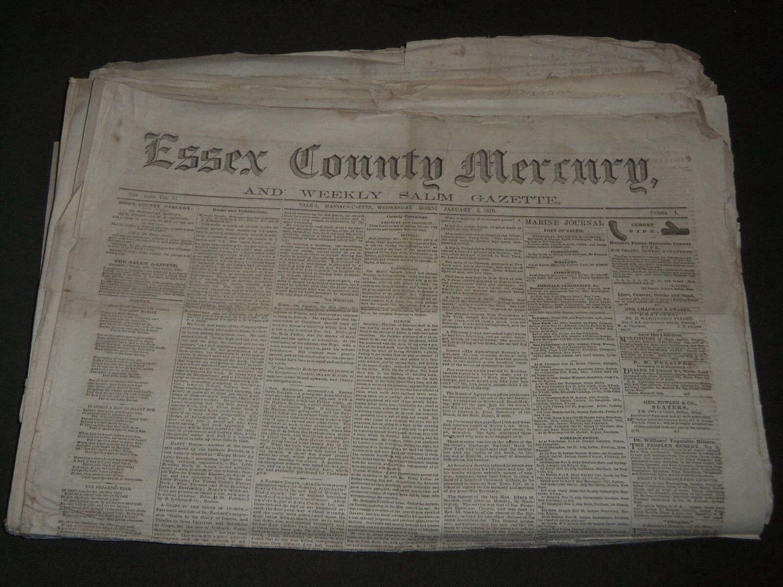 1870 ESSEX COUNTY MERCURY NEWSPAPER LOT OF 41 -SALEM MASSACHUSETTS- NP 2879