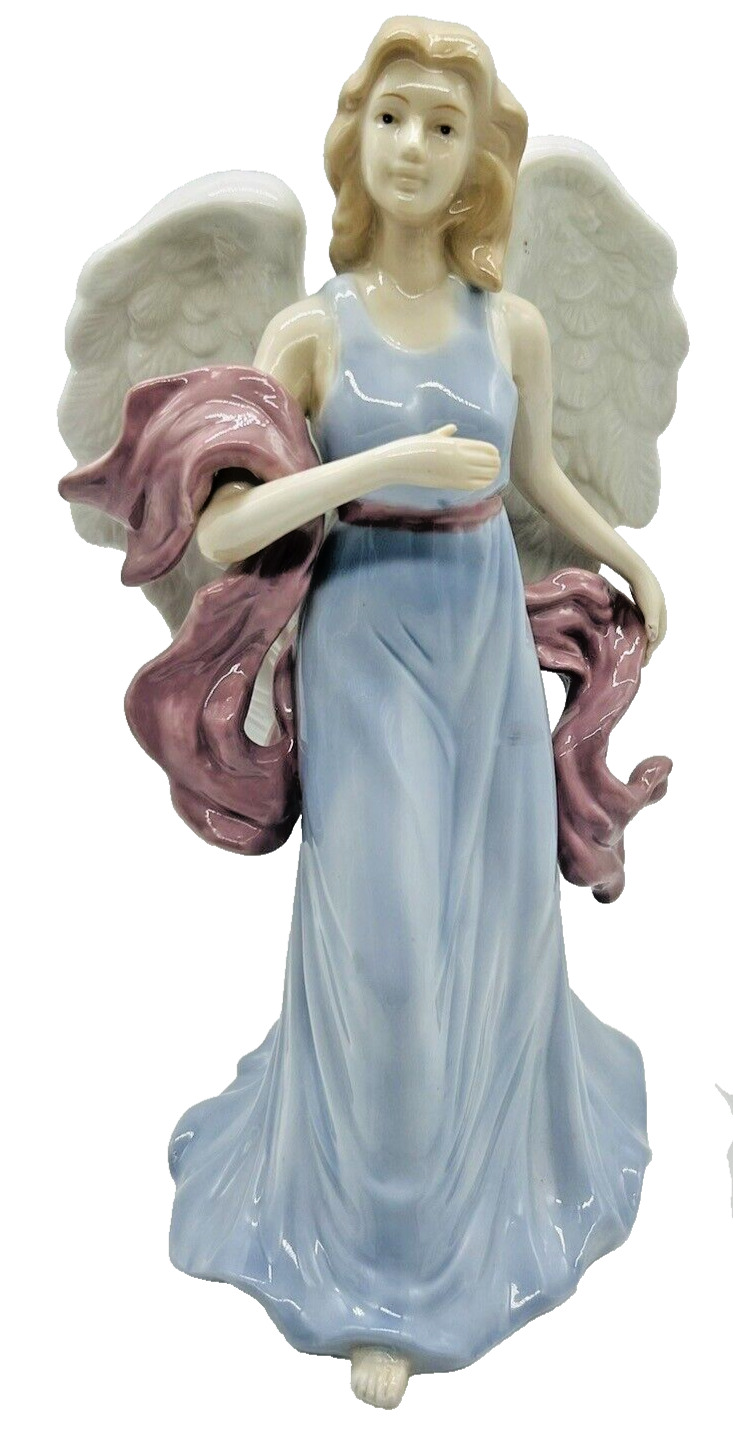 Porcelain Angel Figurine Statue Vintage Blue Dress Purple Shawl 10