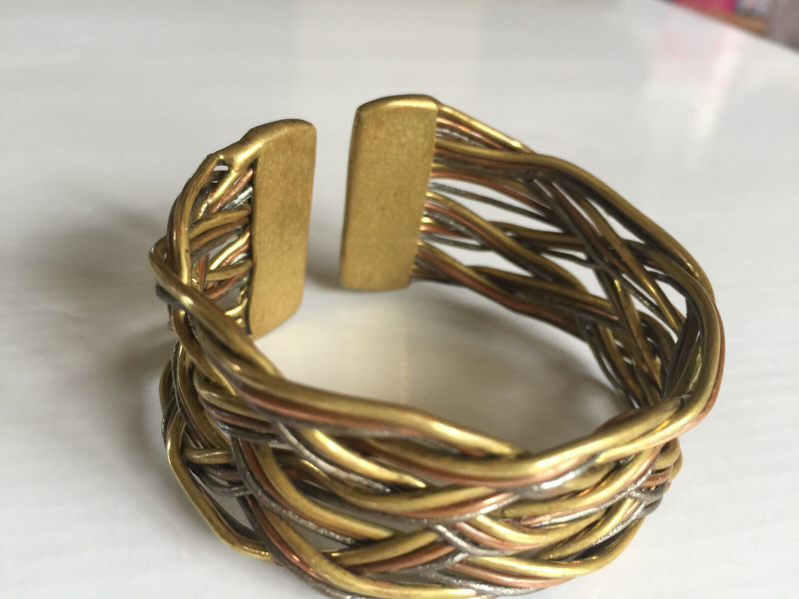 Vintage / Antique metallic wide gold tone Reticulated metal bracelet / Bangle