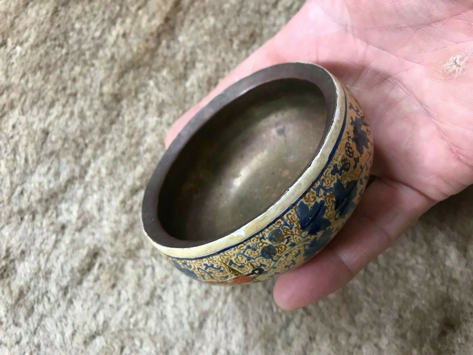 Vintage Birds & Vines Papier-Mâché Brass Lined Hand Painted Bowl Kashmir India
