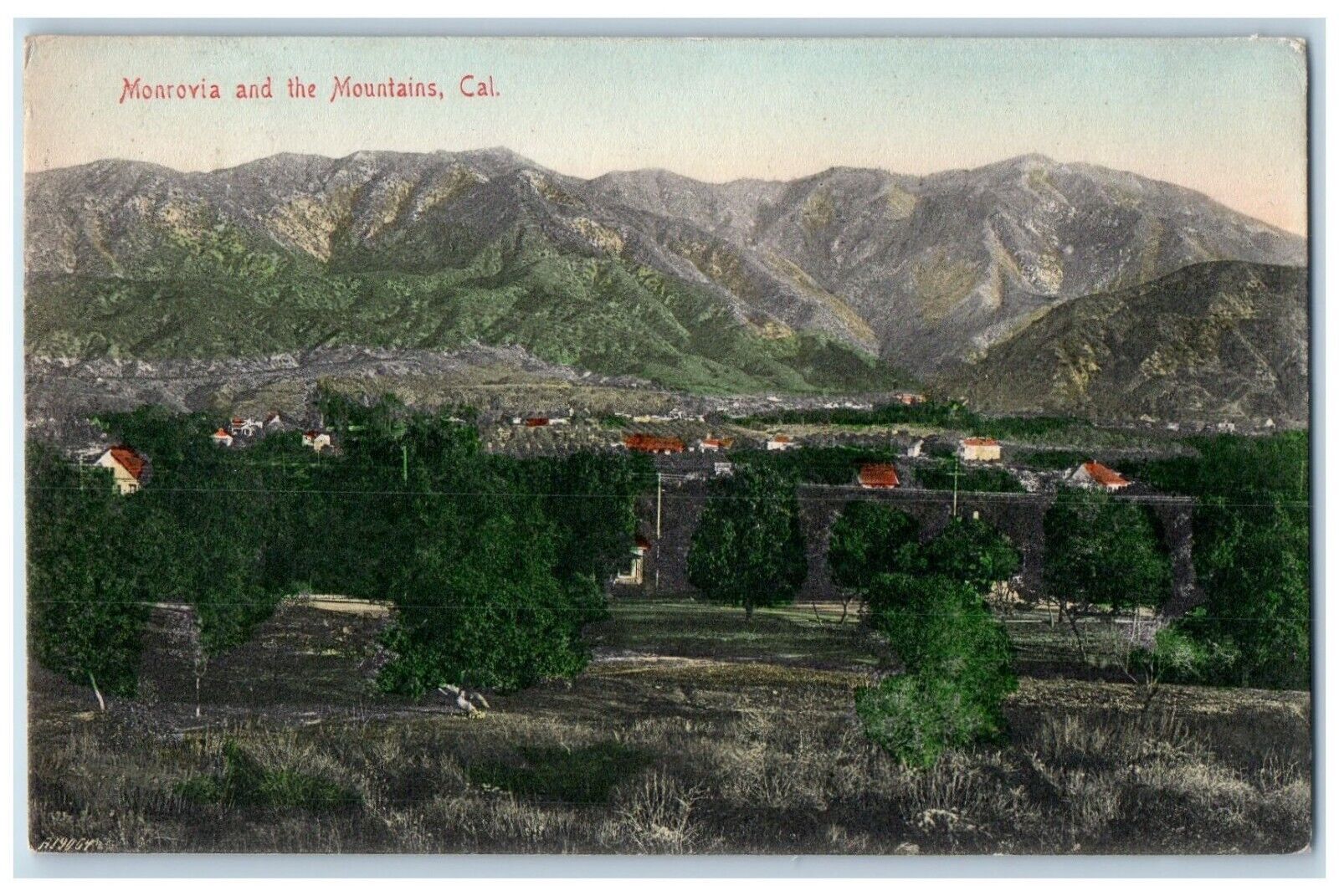 1906 Aerial Birdseye View Town Trees Monrovia Mountains California CA Postcard