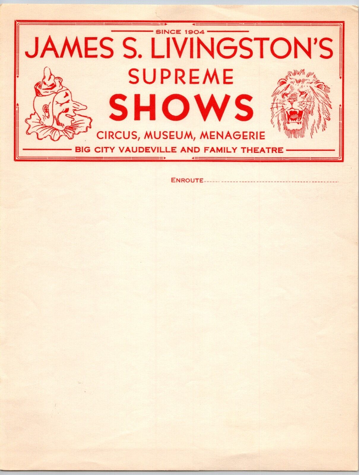 James S. Livingston\'s Supreme Shows Circus Letterhead c1930\'s Vaudeville
