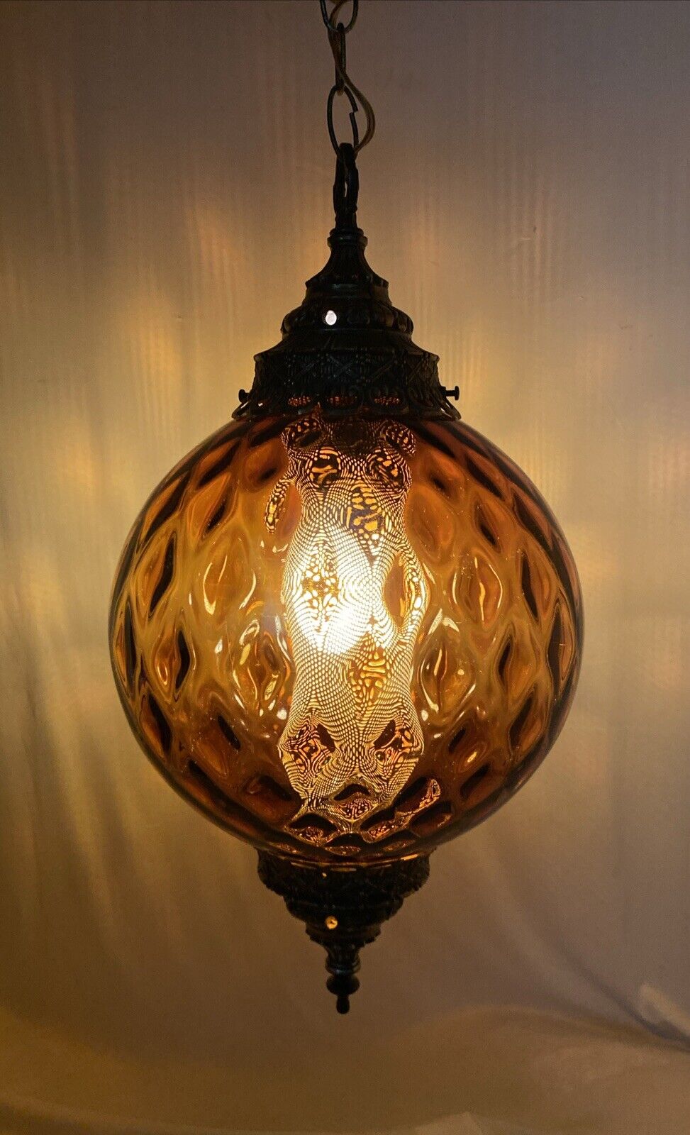 Vintage Amber Glass Globe & Metal Swag Lamp Hanging Light w/ Diffuser EF &EF