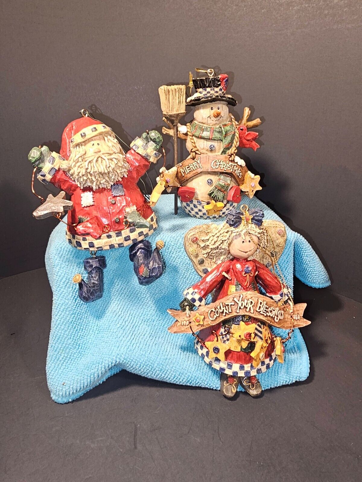 Trio of Christmas ornaments; Santa, Snowman, and Angel