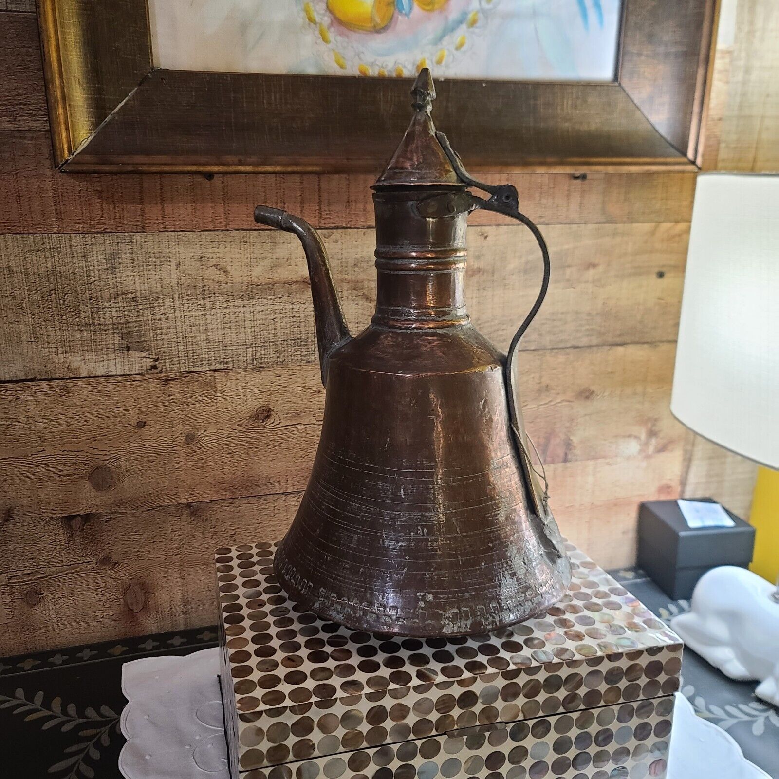 Large 14” Vintage Copper Turkish Middle Eastern Coffee Urn Pitcher Ewer w/Lid